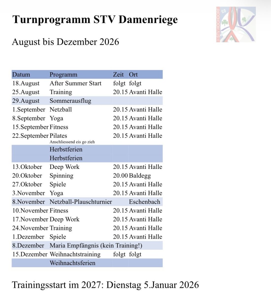 Turnpgrogramm Herbst/Winter 2026